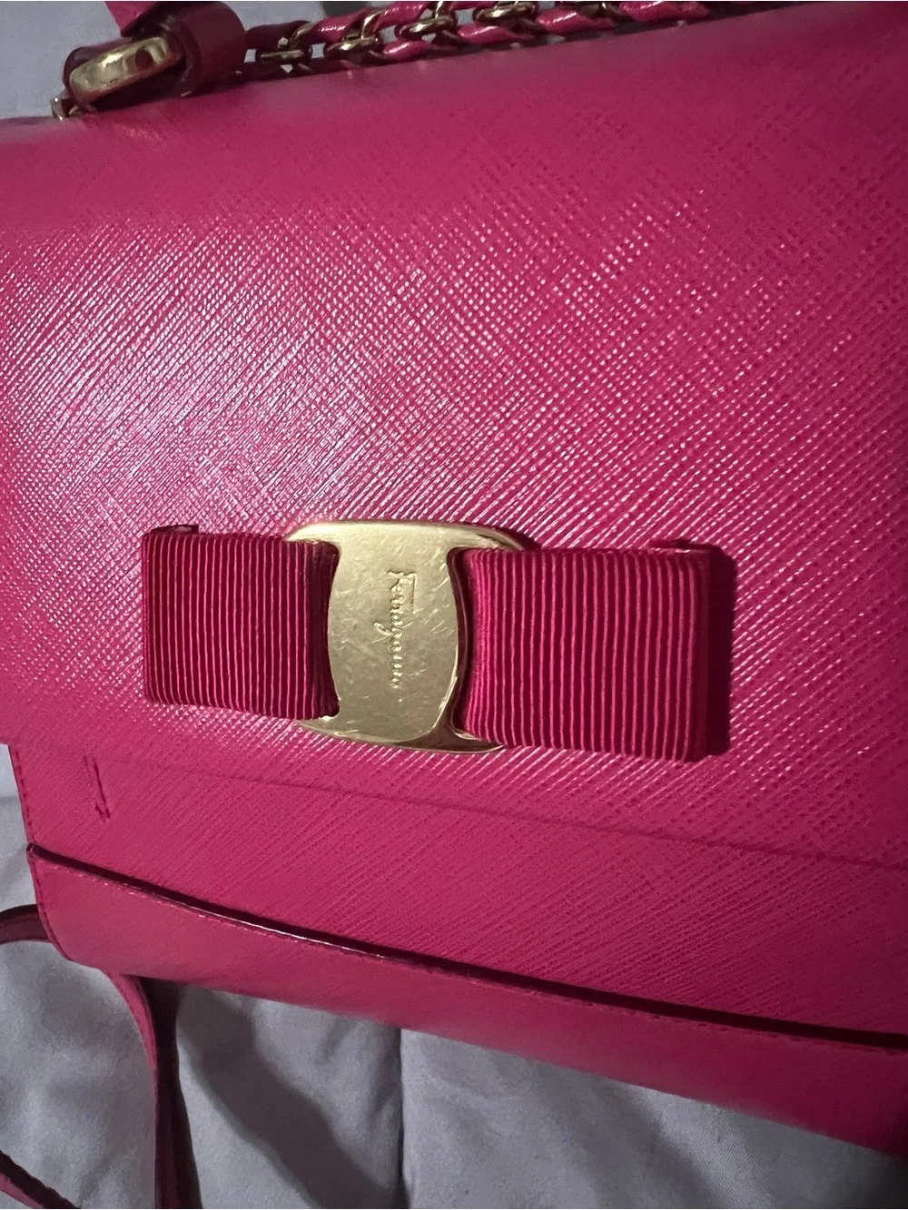 Salvatore Ferragamo Hot Pink Saffiano Leather Top-Handle Satchel with Vara Bow